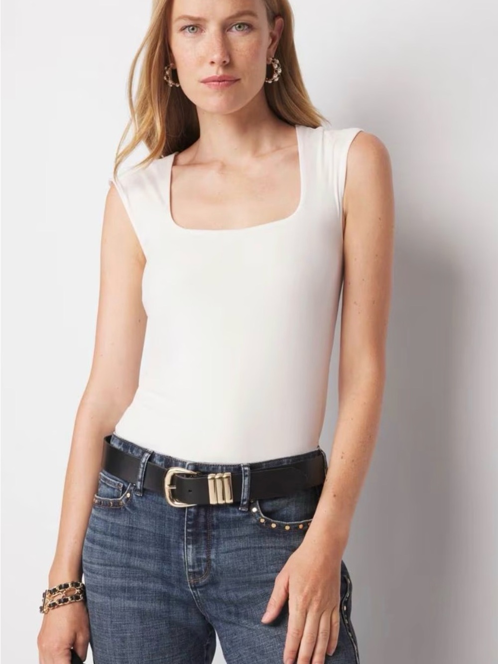 WHBM FORME Square Neck Cap Sleeve Top White Stretch Size L